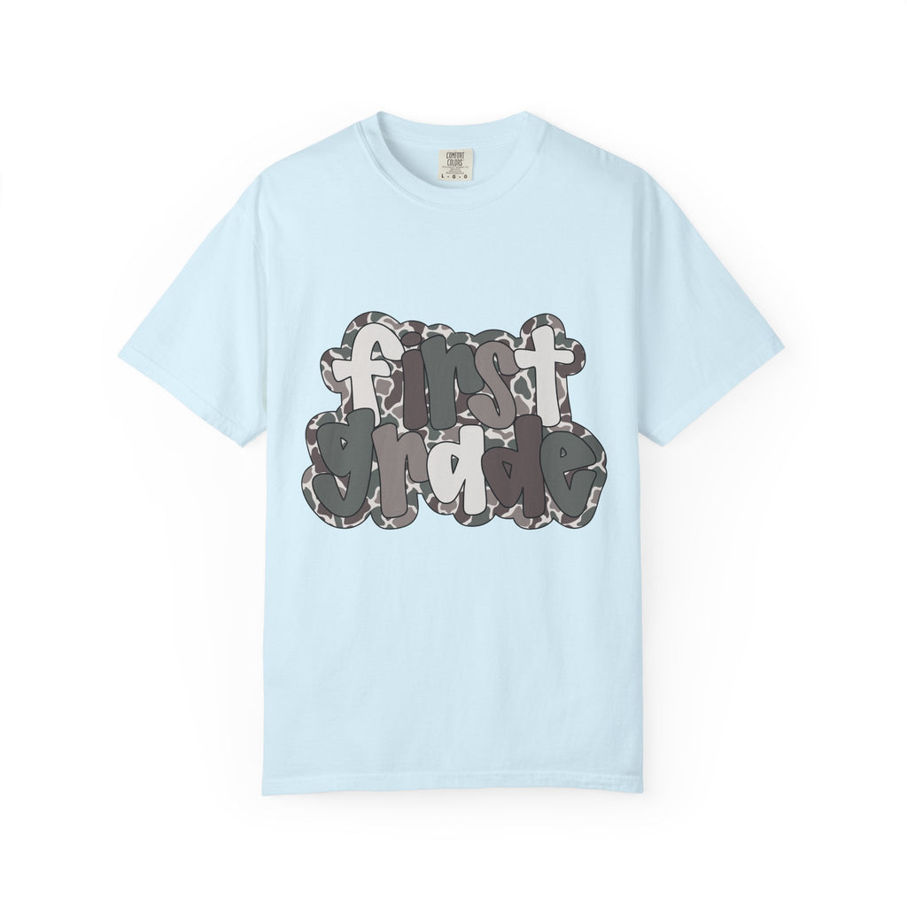 Hello First Grade Camo Back to School T-Shirt - Chambray Comfort Colors Garment-Dyed Tee