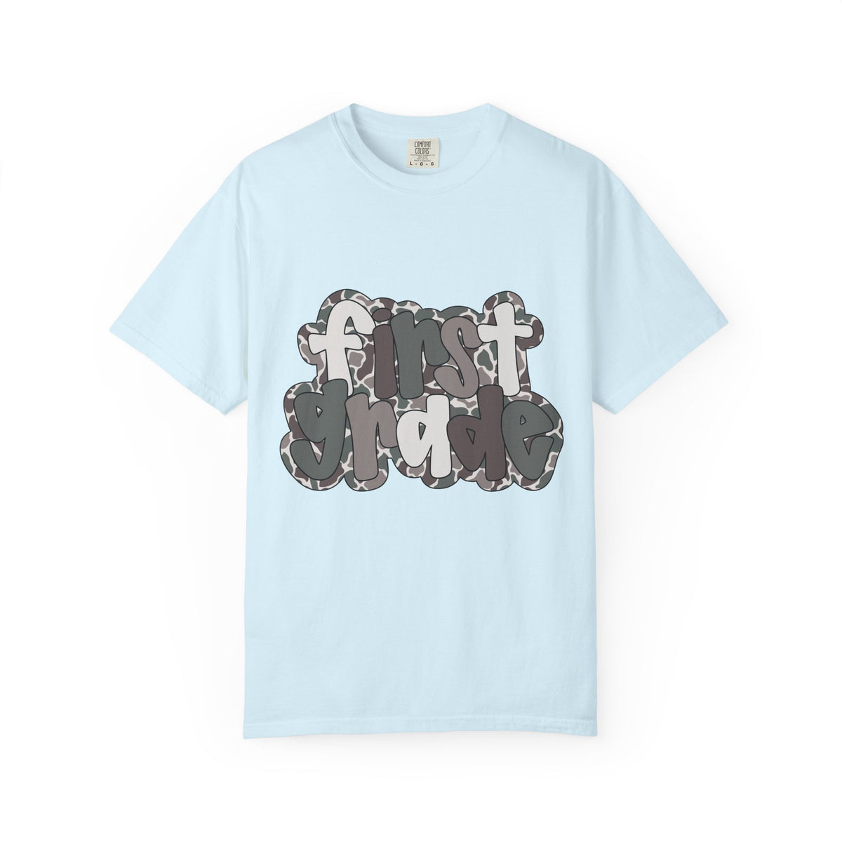 Hello First Grade Camo Back to School T-Shirt - Chambray Comfort Colors Garment-Dyed Tee