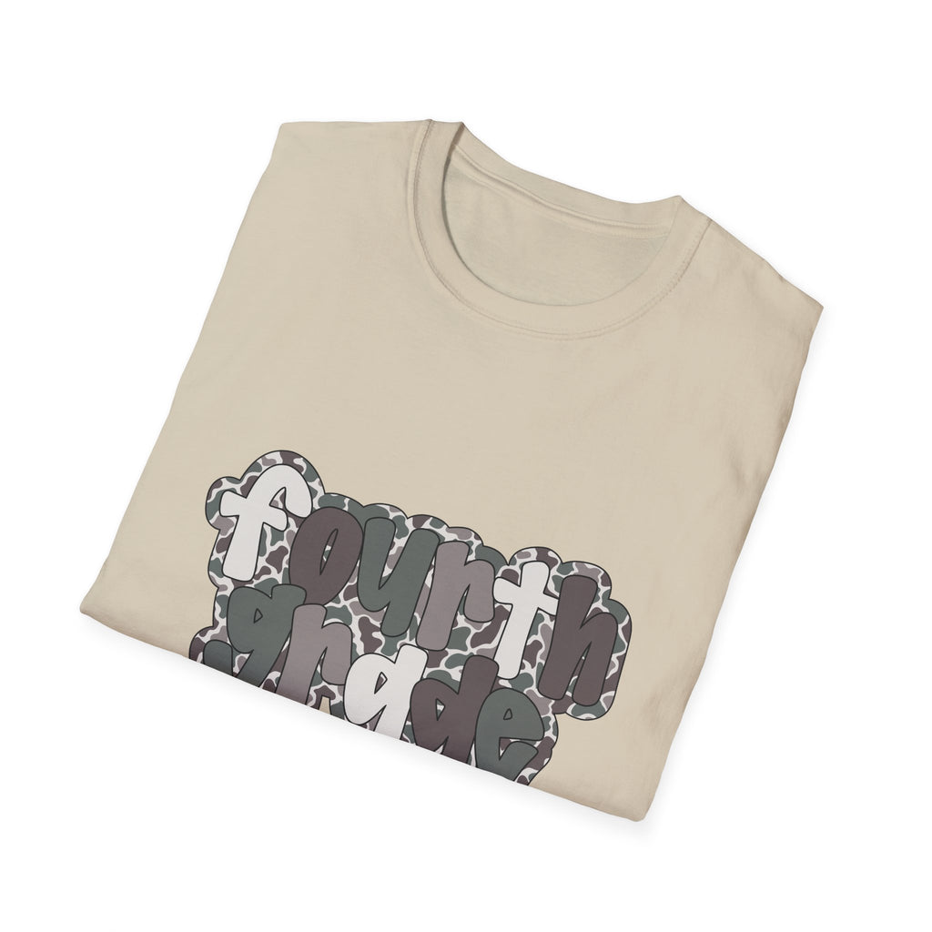 Hello Fourth Grade Camo Back to School T-Shirt - Sand Gildan Softstyle Tee