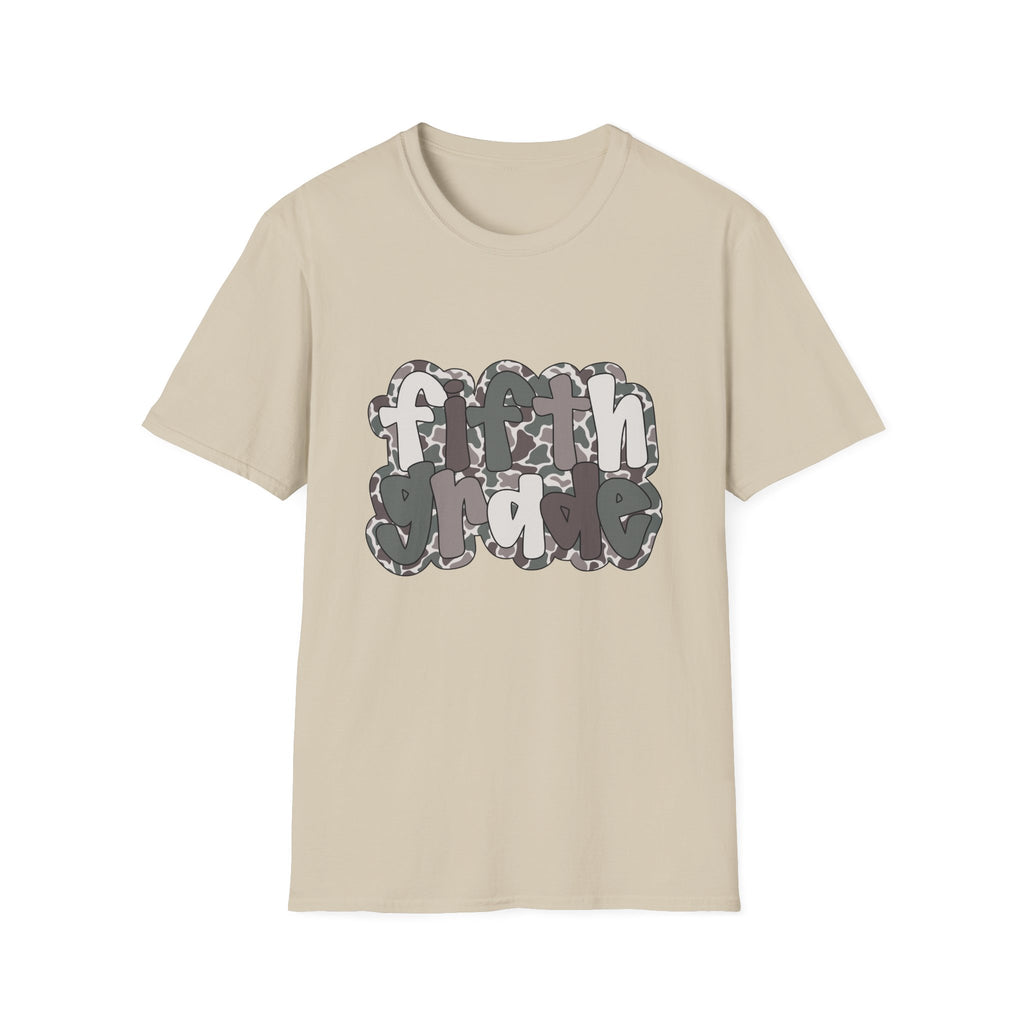 Hello Fifth Grade Camo Back to School T-Shirt - Sand Gildan Softstyle Tee