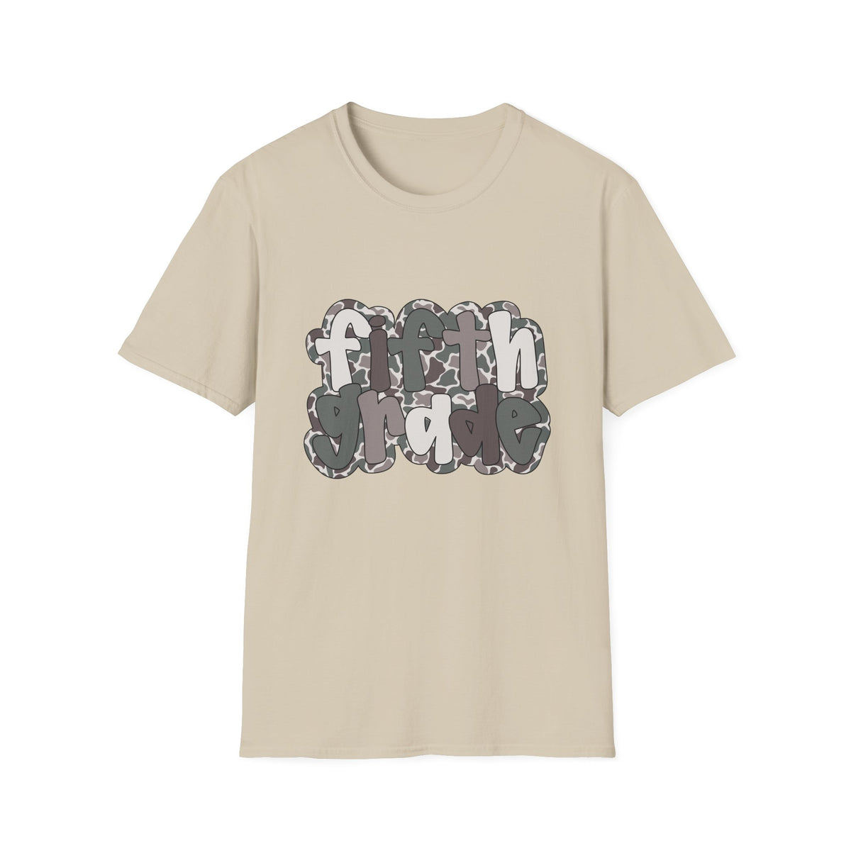 Hello Fifth Grade Camo Back to School T-Shirt - Sand Gildan Softstyle Tee
