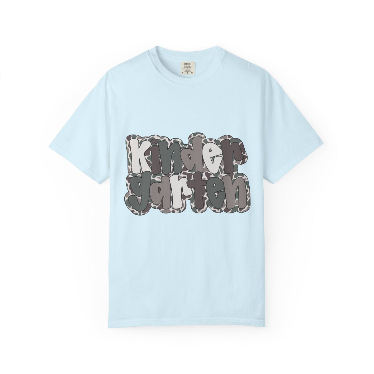 Hello Kindergarten Camo Back to School T-Shirt - Chambray Comfort Colors Garment-Dyed Tee