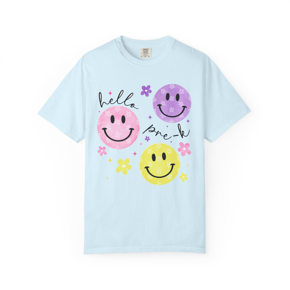 Hello Pre-K Smiley Face Back to School T-Shirt - Chambray Comfort Colors Garment-Dyed Tee