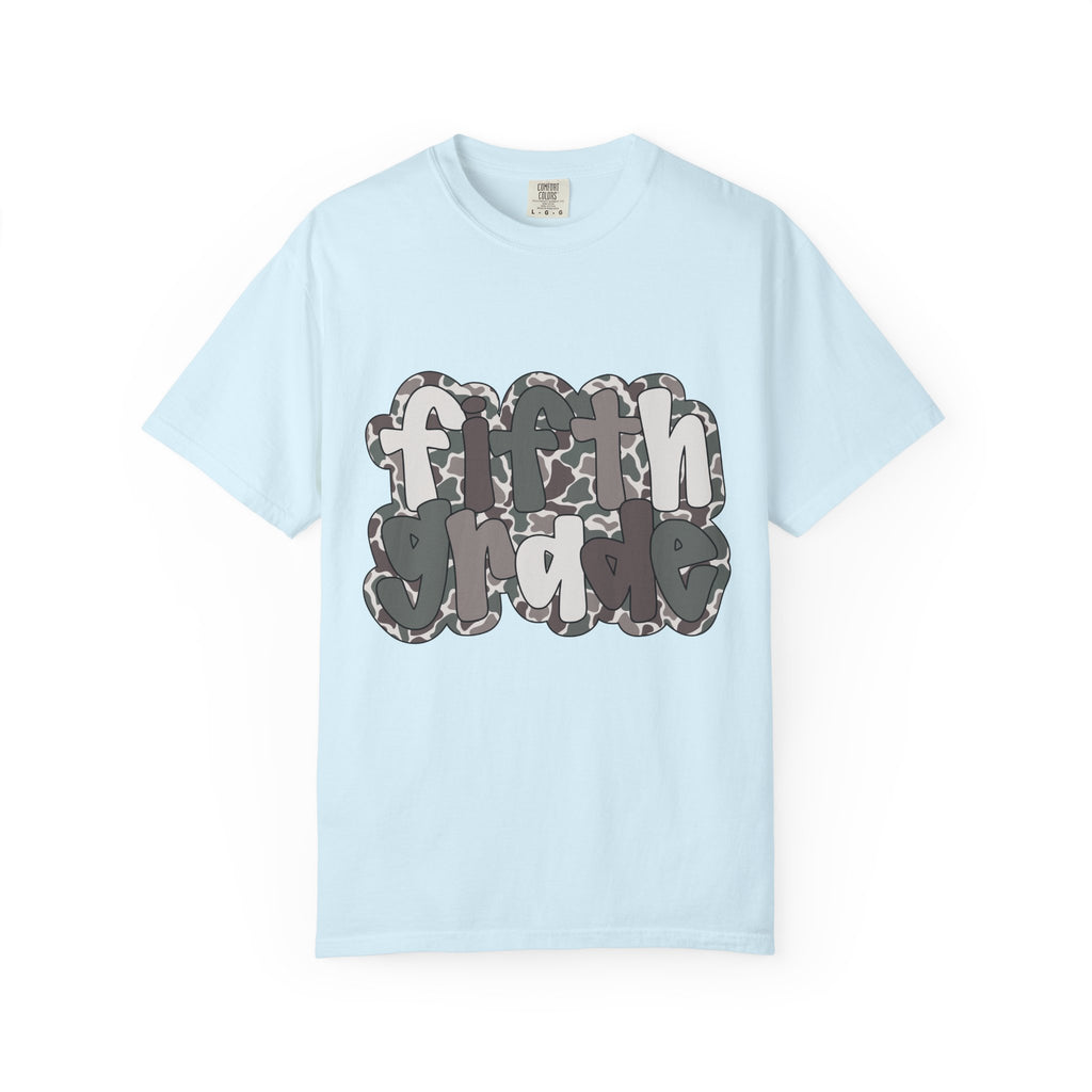 Hello Fifth Grade Camo Back to School T-Shirt - Chambray Comfort Colors Garment-Dyed Tee
