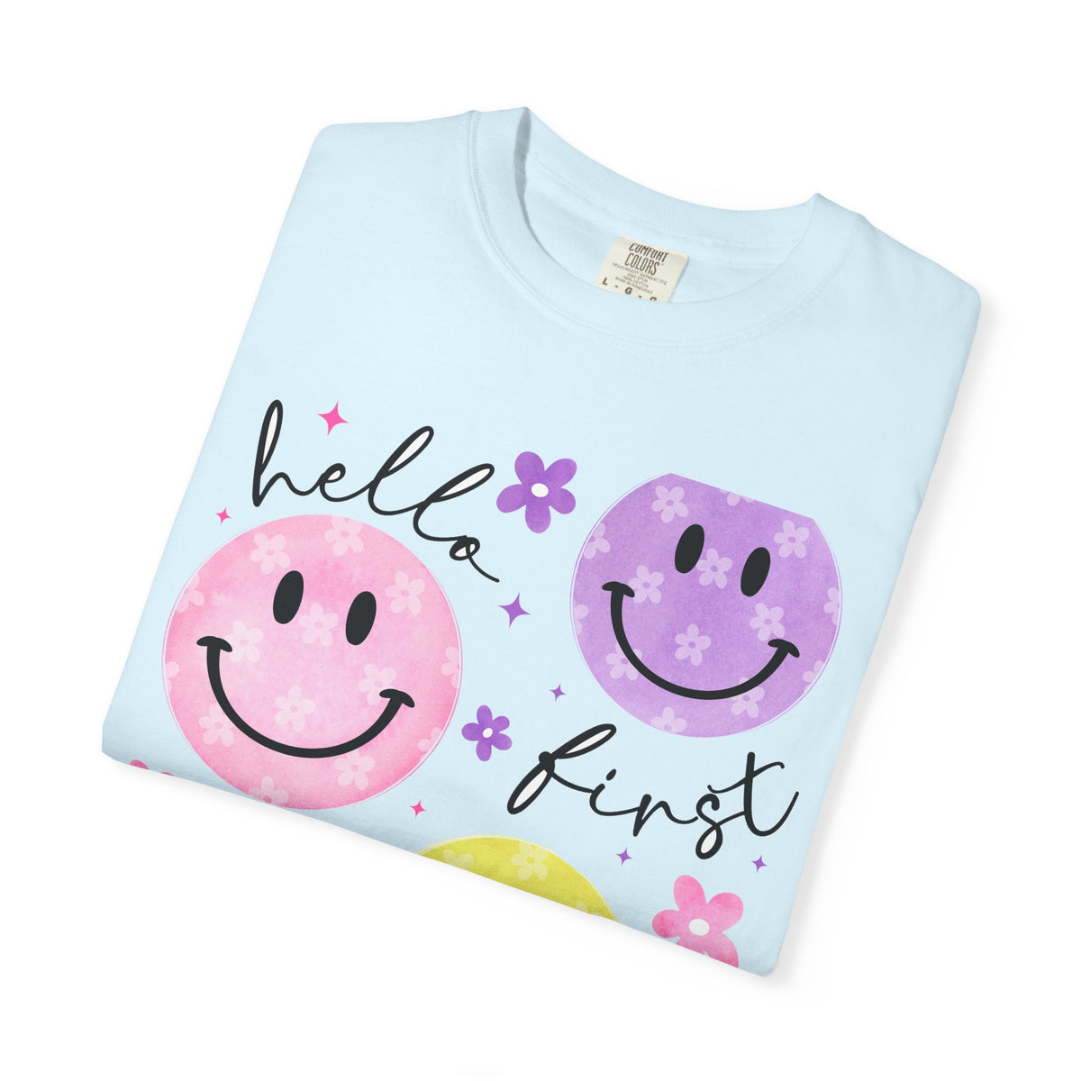 Hello First Grade Smiley Face Back to School T-Shirt - Chambray Comfort Colors Garment-Dyed Tee
