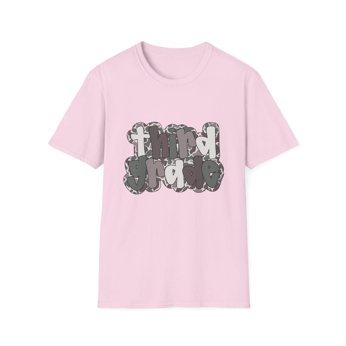 Hello Third Grade Camo Back to School T-Shirt - Light Pink Gildan Softstyle Tee