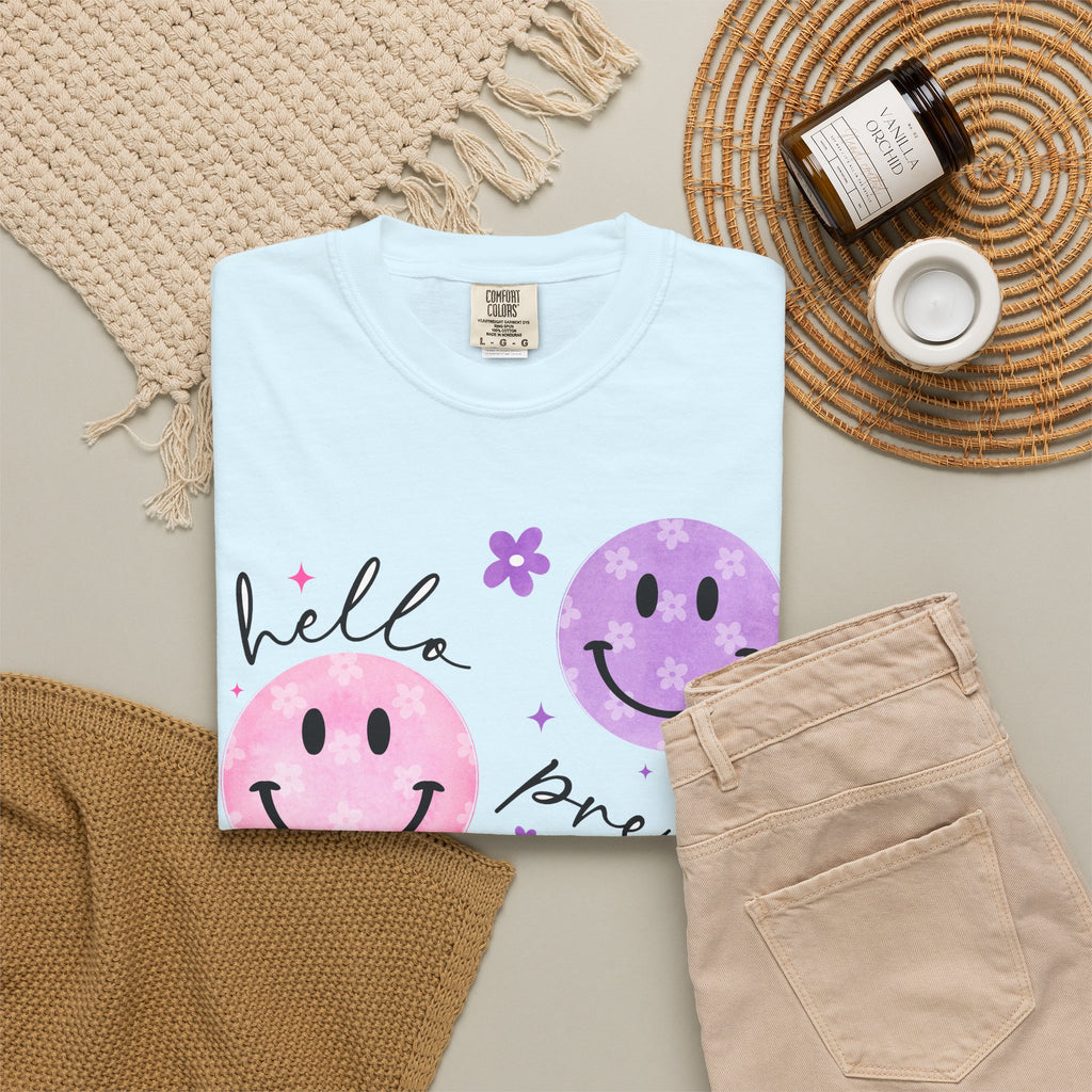 Hello Pre-K Smiley Face Back to School T-Shirt - Chambray Comfort Colors Garment-Dyed Tee