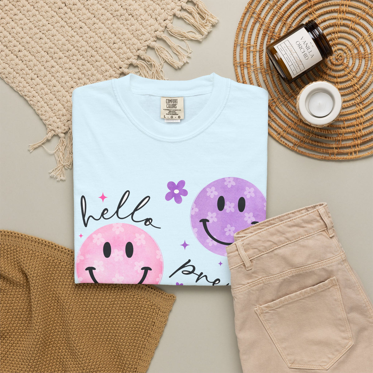 Hello Pre-K Smiley Face Back to School T-Shirt - Chambray Comfort Colors Garment-Dyed Tee