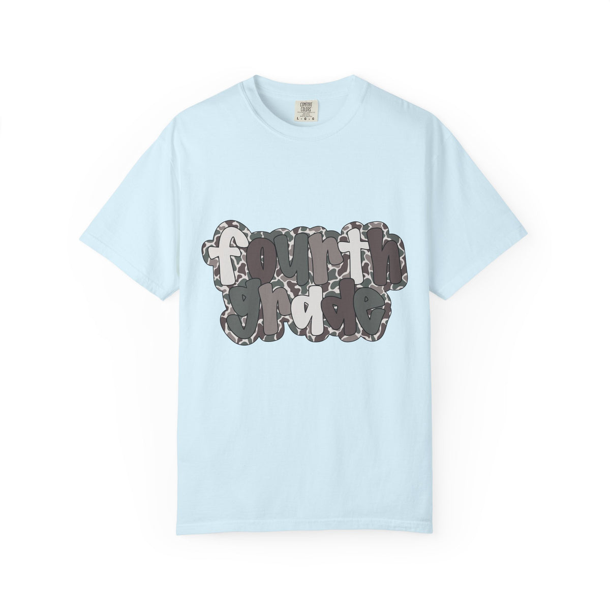 Hello Fourth Grade Camo Back to School T-Shirt - Chambray Comfort Colors Garment-Dyed Tee