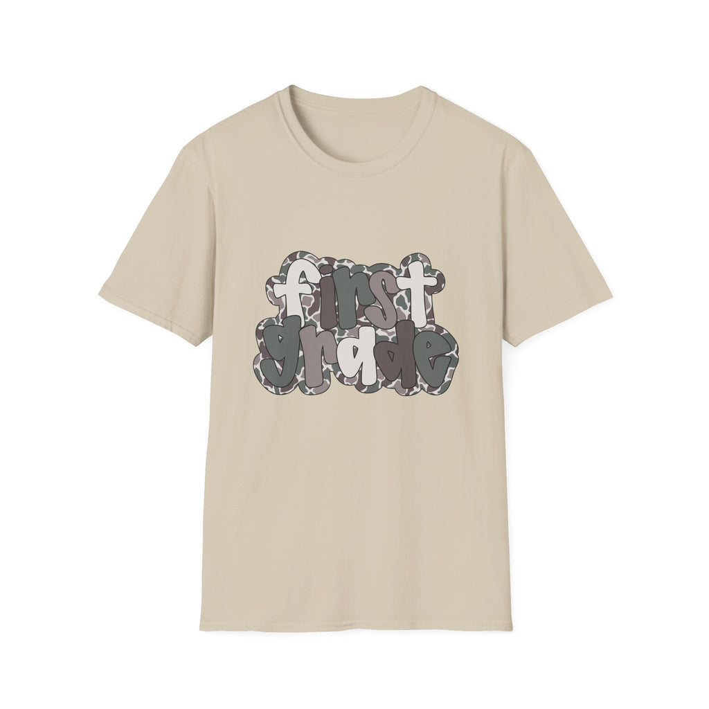 Hello First Grade Camo Back to School T-Shirt - Sand Gildan Softstyle Tee