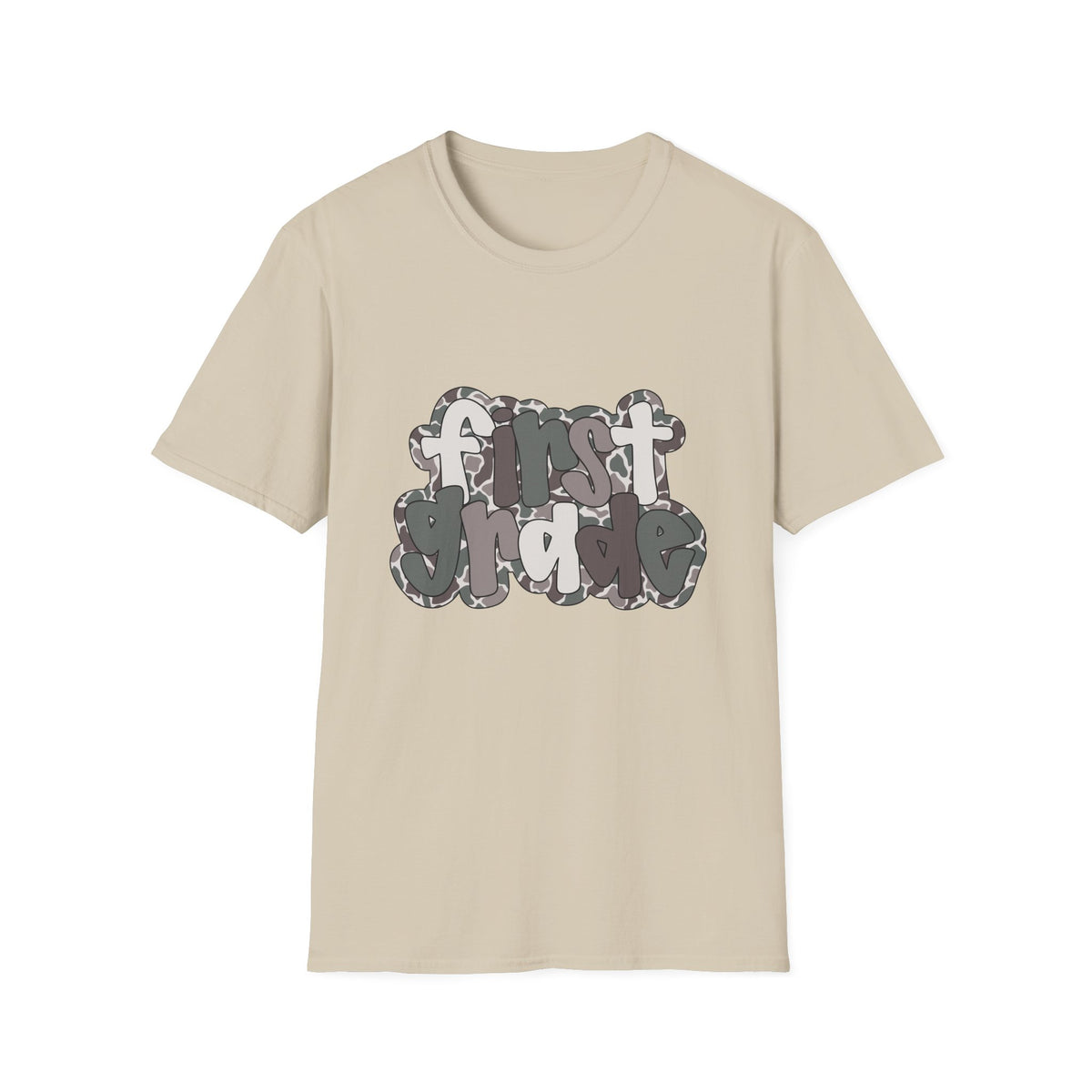 Hello First Grade Camo Back to School T-Shirt - Sand Gildan Softstyle Tee